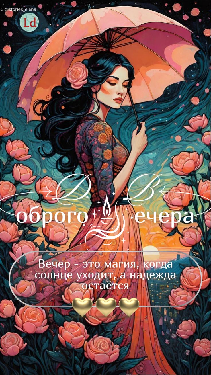 Открытка «Добрый вечер и пожелания»: Добрый вечер: магическая открытка с цветами и зонтом. Тэги: Добрый вечер красивые…