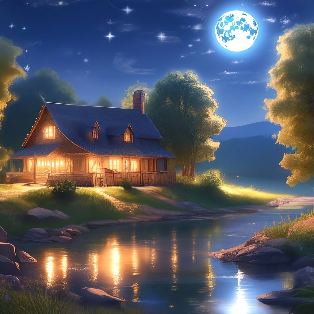 Открытка «Доброй ночи»: Доброй ночи: Уютный домик у реки под луной. Тэги: Спокойной ночи, Спокойной ночи, красивые…