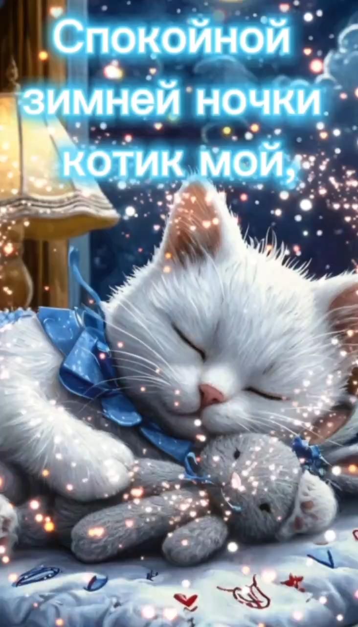 Открытка «Доброй ночи»: Спокойной ночи: зимняя открытка с милым котиком. Тэги: Спокойной ночи, Спокойной ночи, с поже…