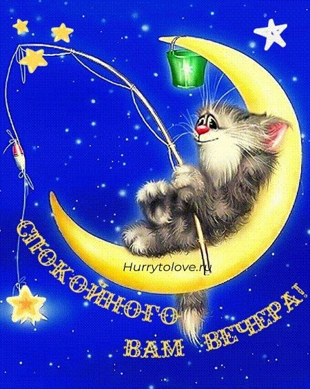 Открытка «Пожелание»: Добрый вечер: Кот-рыболов на месяце. Тэги: кот, рисунок, мультяшка, милый, животное, небо…