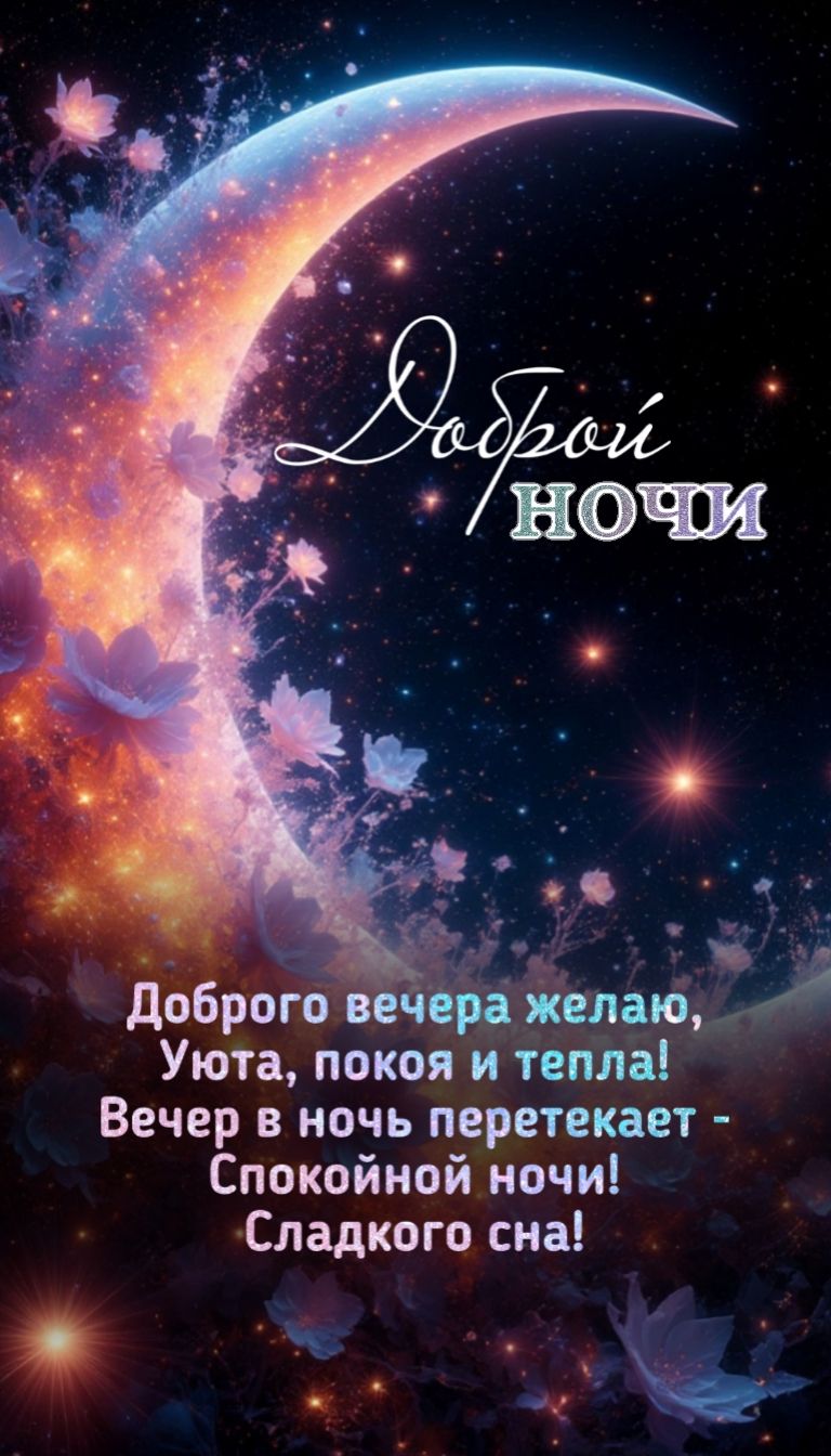 Открытка «Доброй ночи»: Открытка «Доброй ночи» с волшебным полумесяцем и стихами. Тэги: Спокойной ночи, магический…
