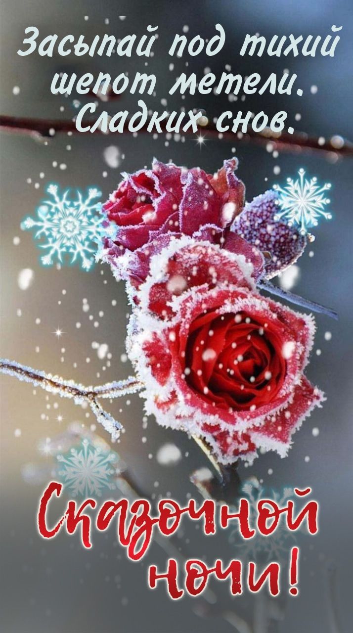 Открытка «Доброй ночи»: Доброй ночи: «Сладких снов под шепот метели». Тэги: Спокойной ночи, пожелание, надпись…