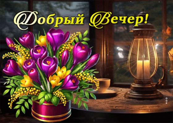 Открытка «Добрый вечер и пожелания»: Добрый вечер: «Цветы и уютный огонь фонаря». Тэги: Добрый вечер красивые, Доброг…