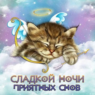 Открытка «Доброй ночи»: Доброй ночи: «Котенок-ангел на облаке». Тэги: Спокойной ночи, стрела, Спокойной ночи, с пожел…