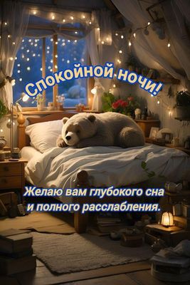 Открытка «Доброй ночи»: Спокойной ночи: «Уютный медведь» для хорошего сна. Тэги: Спокойной ночи, Спокойной ночи…