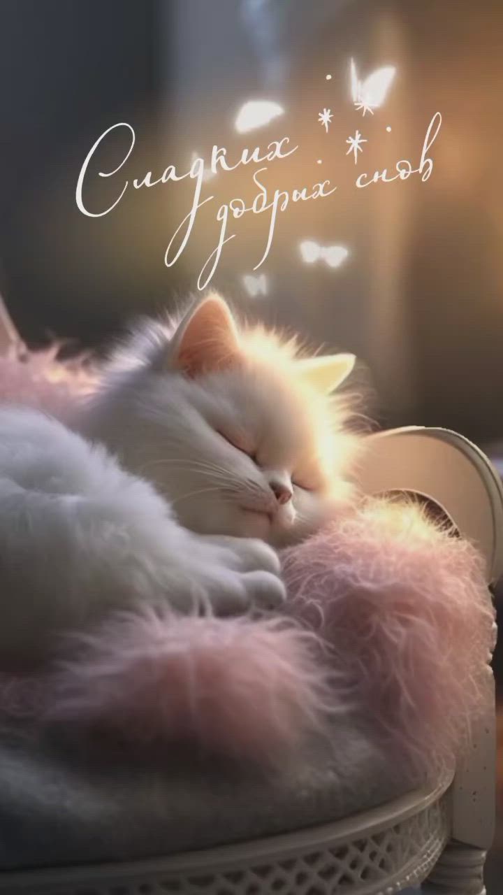 Открытка «Доброй ночи»: Доброй ночи: милый белый котик и сладкие сны. Тэги: Спокойной ночи, Спокойной ночи, с пожелан…