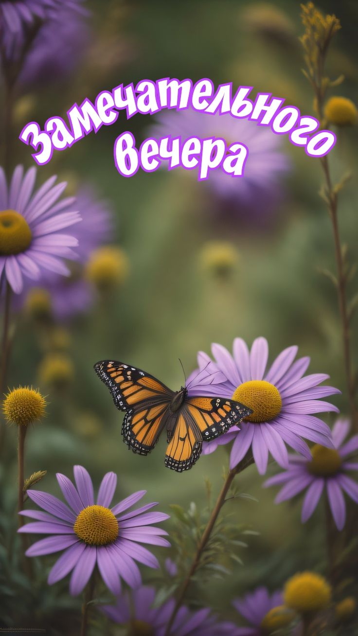 Открытка «Добрый вечер и пожелания»: Добрый вечер: открытка с бабочкой и цветами. Тэги: Доброго летнего вечера…