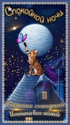 Открытка «Доброй ночи»: Спокойной ночи: Сказочных сновидений с котиком. Тэги: Спокойной ночи, ночной, Спокойной ночи…
