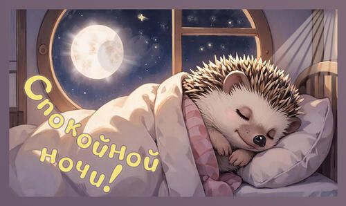 Открытка «Доброй ночи»: Спокойной ночи: милый ежик в кроватке под луной. Тэги: Спокойной ночи, Спокойной ночи, с поже…