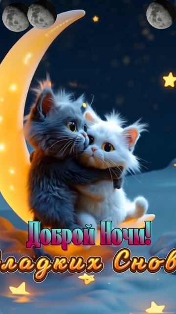 Открытка «Доброй ночи»: Доброй ночи: Милые пушистые котята на полумесяце. Тэги: Спокойной ночи, Спокойной ночи…