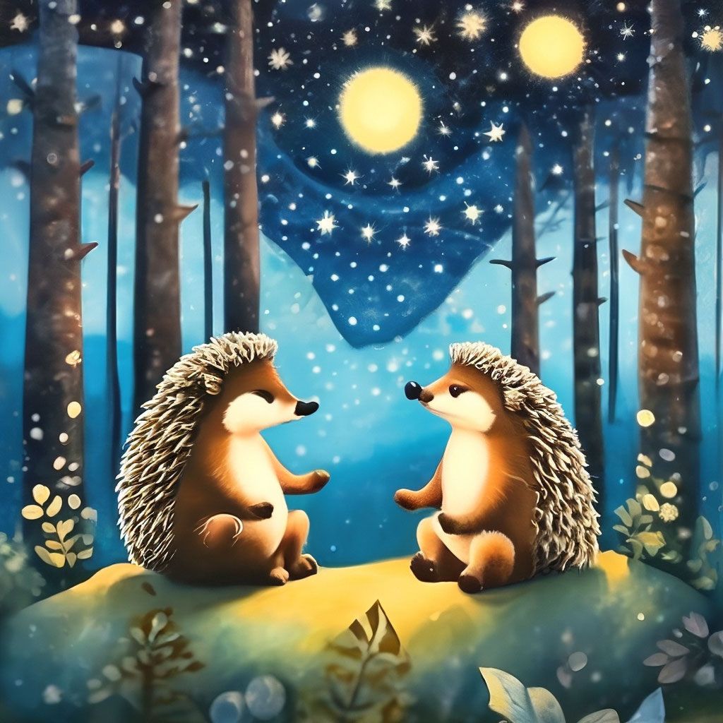 Открытка «Доброй ночи»: Спокойной ночи: Волшебная встреча ежиков под звездами. Тэги: Спокойной ночи, Спокойной ночи…