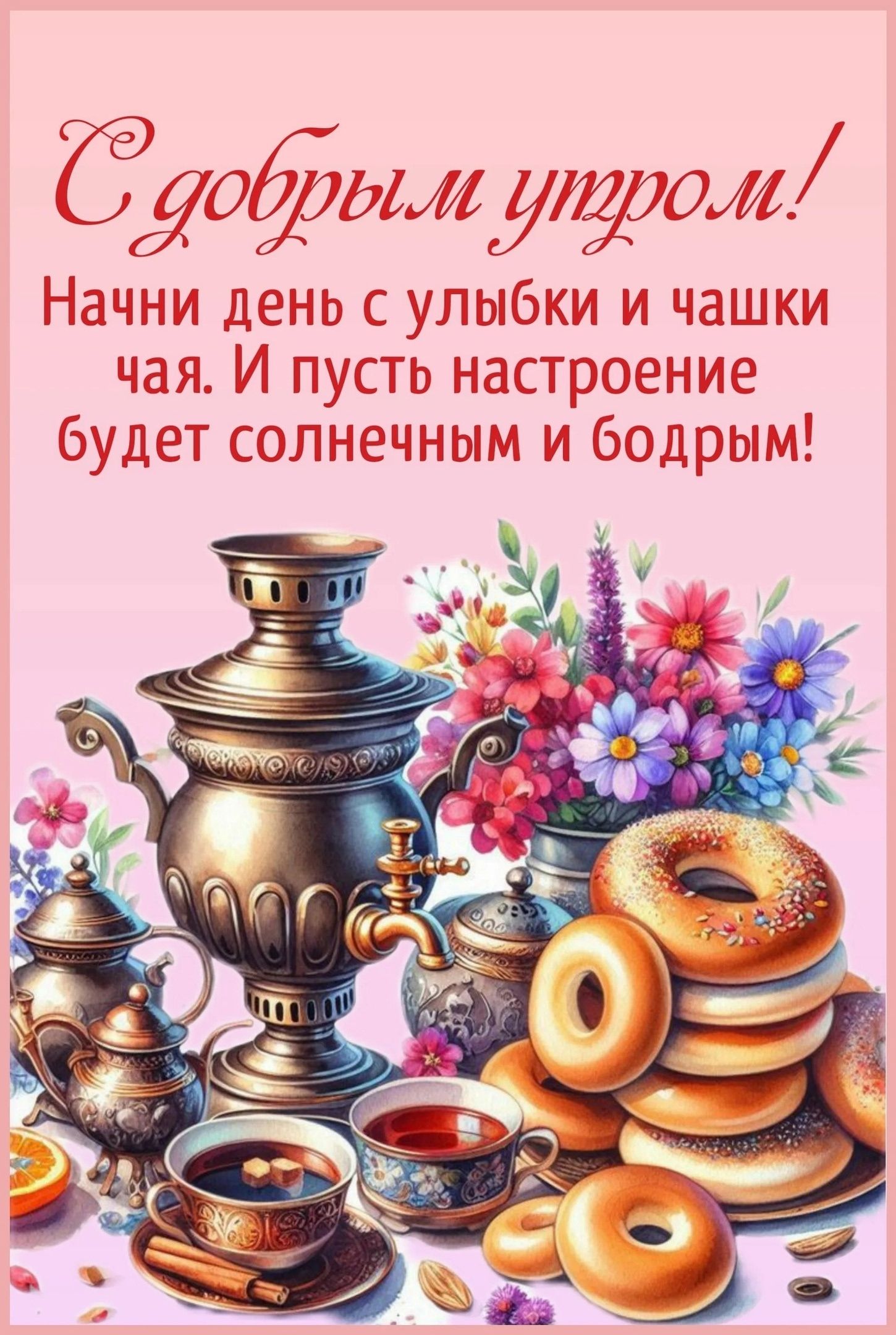 Открытка «С добрым утром»: С добрым утром: чаепитие с самоваром и бубликами. Тэги: С добрым утром и пожеланиями…