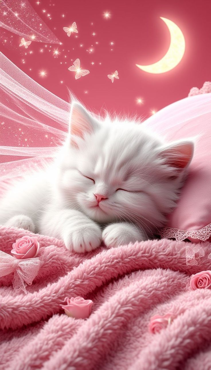 Открытка «Доброй ночи»: Спокойной ночи: милый белый котенок в розовых облаках. Тэги: Спокойной ночи, Спокойной ночи…