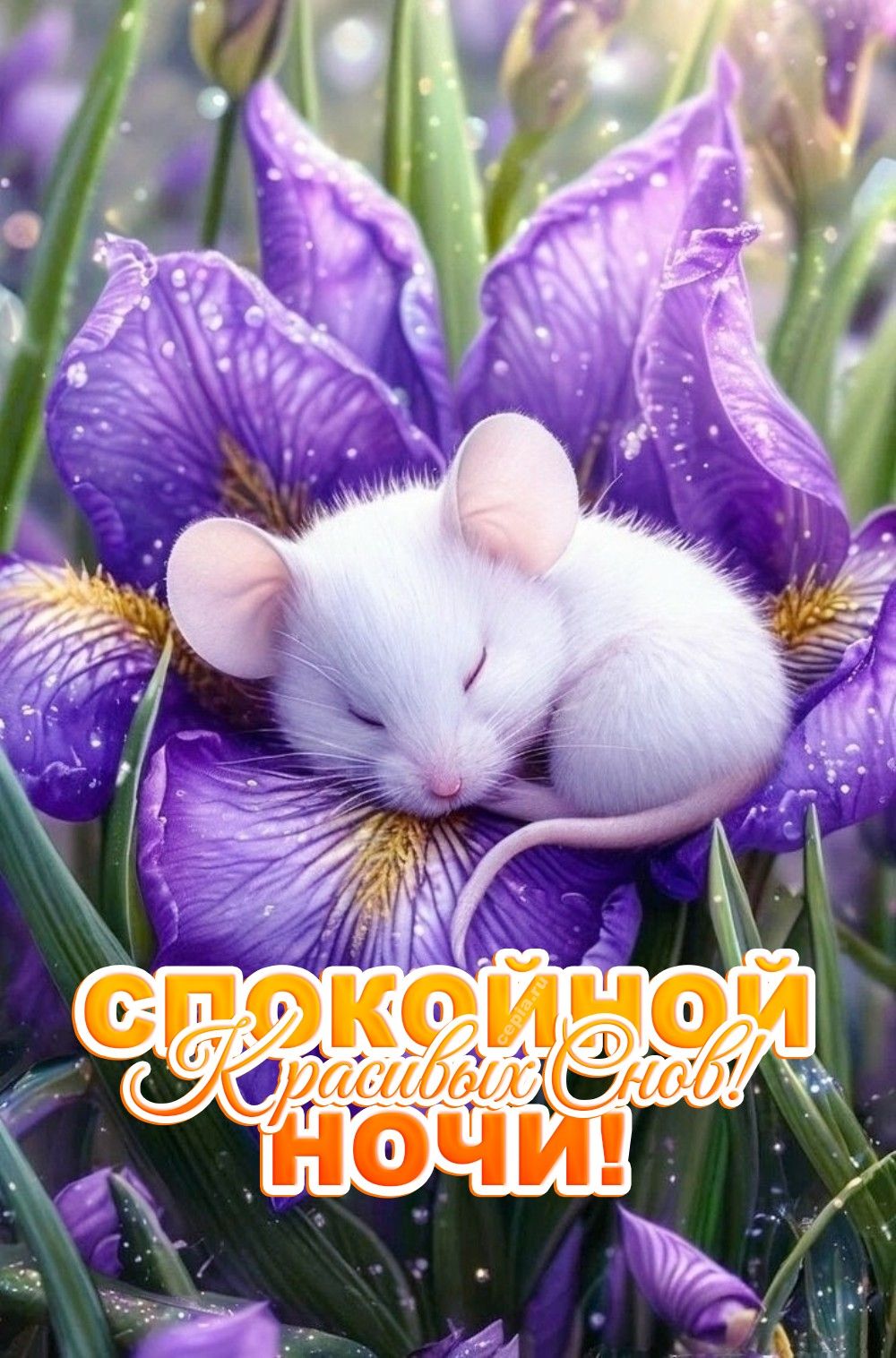 Открытка «Доброй ночи»: Доброй ночи: Спящий мышонок в лепестках ириса.