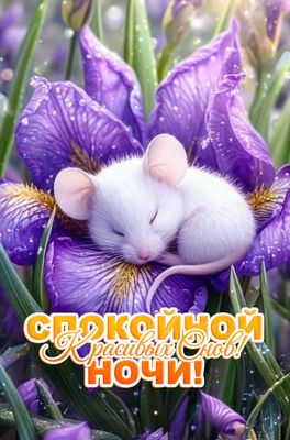 Открытка «Доброй ночи»: Доброй ночи: Спящий мышонок в лепестках ириса.