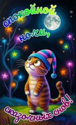 Открытка «Доброй ночи»: Доброй ночи: Милый кот под луной и звездами. Тэги: Спокойной ночи, Спокойной ночи, с пожелани…