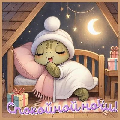 Открытка «Доброй ночи»: Спокойной ночи: милая черепашка в теплой кроватке. Тэги: Спокойной ночи, Спокойной ночи…