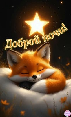 Открытка «Доброй ночи»: Доброй ночи: Милый лисенок под счастливой звездой. Тэги: Спокойной ночи, ночной, Спокойной но…