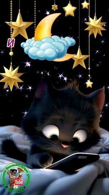 Открытка «Доброй ночи»: Спокойной ночи: черный котик со смартфоном. Тэги: Спокойной ночи, Спокойной ночи, с пожелания…