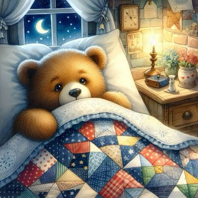 Открытка «Доброй ночи»: Спокойной ночи: Милый мишка под лоскутным одеялом. Тэги: Спокойной ночи, Спокойной ночи…