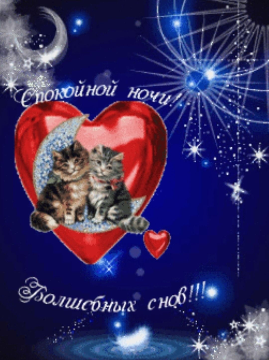 Открытка «Доброй ночи»: Спокойной ночи! Волшебных снов с милыми котятами. Тэги: Спокойной ночи, Спокойной ночи…