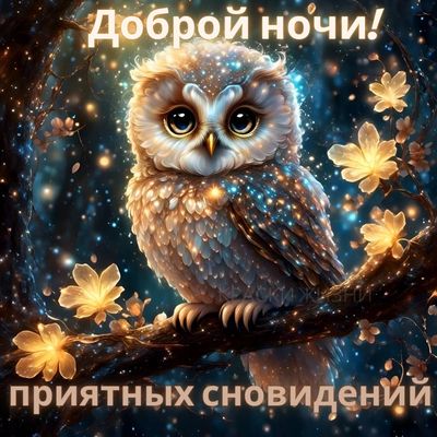 Открытка «Доброй ночи»: Спокойной ночи: Волшебная сова и сияние леса. Тэги: Спокойной ночи, Спокойной ночи, с пожелан…