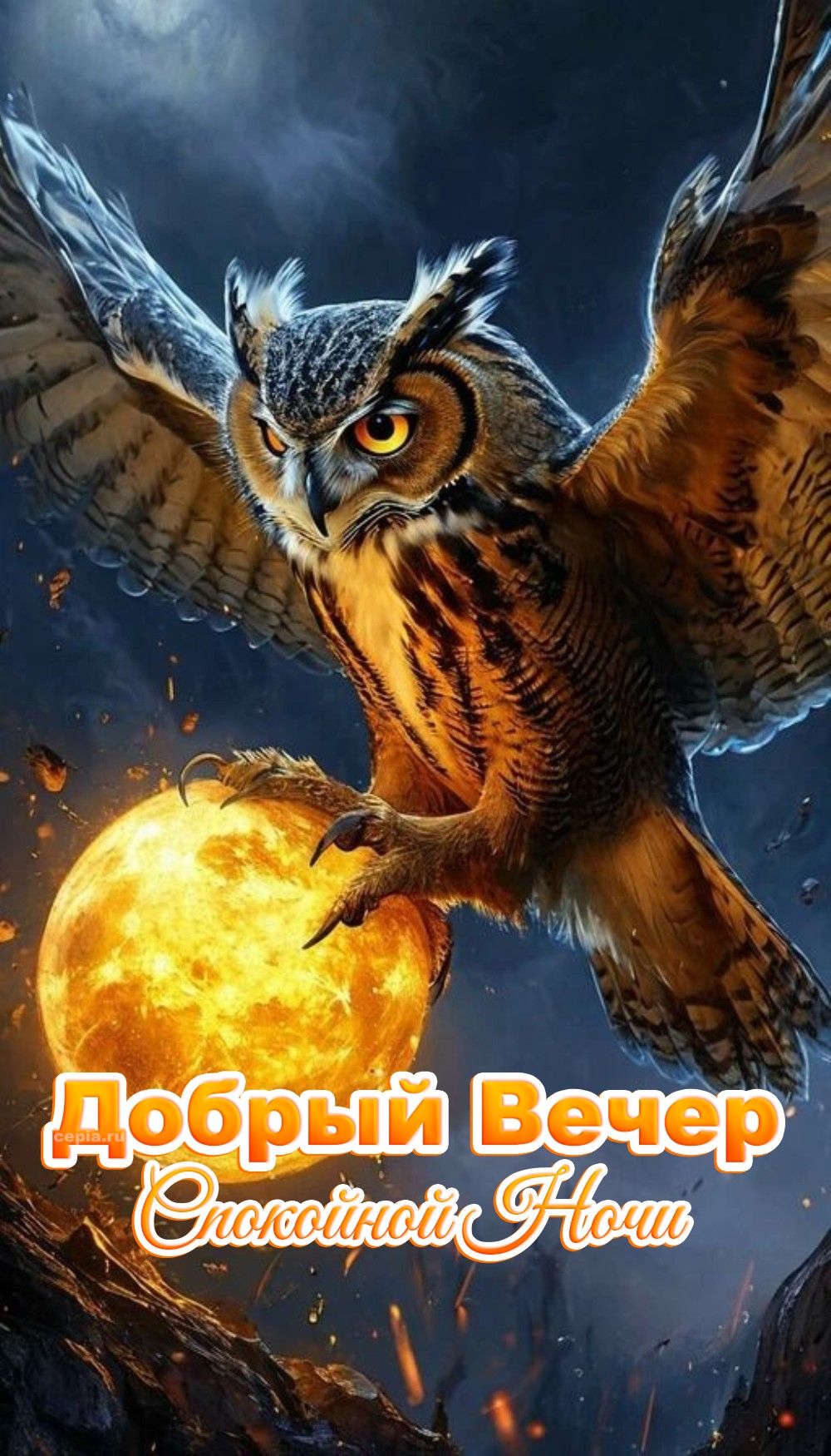 Открытка «Спокойной ночи»: Добрый вечер и спокойной ночи: открытка с мудрой совой. Тэги: Добрый вечер и пожелания…