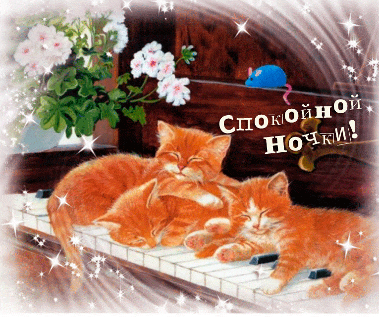 Открытка «Доброй ночи»: Спокойной ночи: Котята на пианино. Тэги: Спокойной ночи, Спокойной ночи, с пожеланиями…