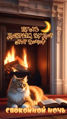 Открытка «Спокойной ночи»: Добрый вечер и спокойной ночи: Уютный кот у камина. Тэги: пожелание, кот, надпись, рисунок…