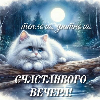 Открытка «Добрый вечер и пожелания»: Добрый вечер: пушистый котик и лунная ночь. Тэги: Доброго вечера и хорошего наст…