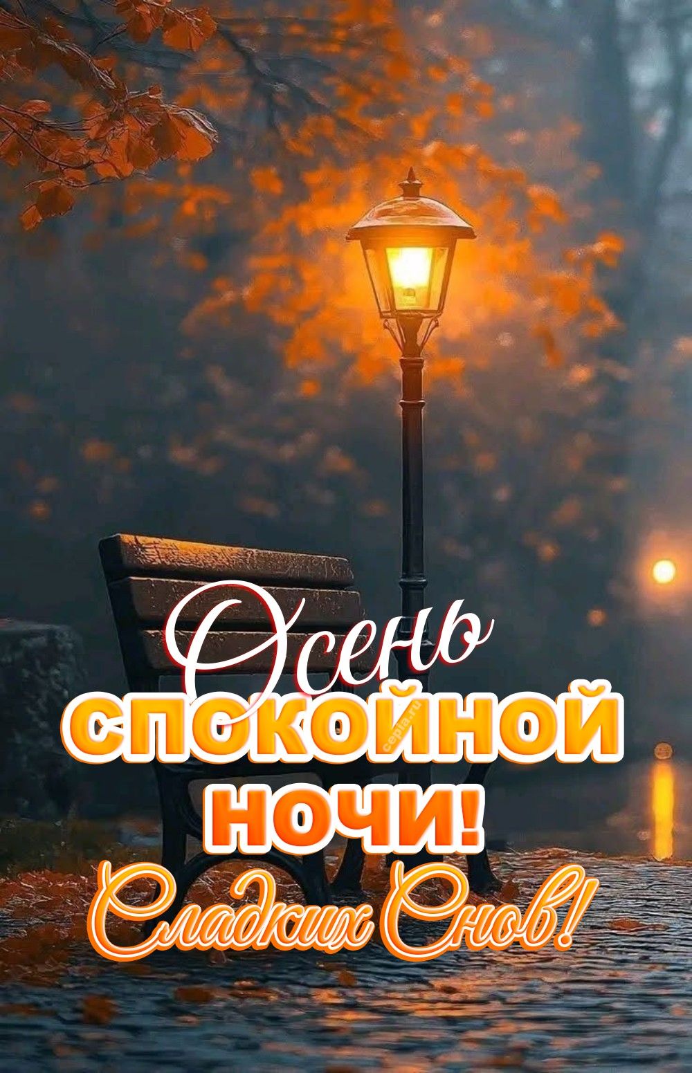 Открытка «Доброй ночи»: Доброй ночи: «Осенний вечер» у фонаря в парке. Тэги: Спокойной ночи, Спокойной ночи, красивые…