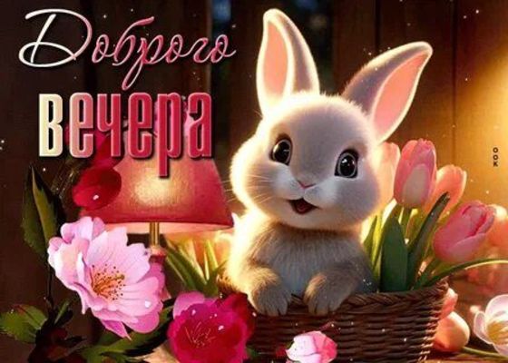Открытка «Добрый вечер и пожелания»: Добрый вечер: Милый зайчик с цветами в корзинке. Тэги: Доброго вечера и хорошего…