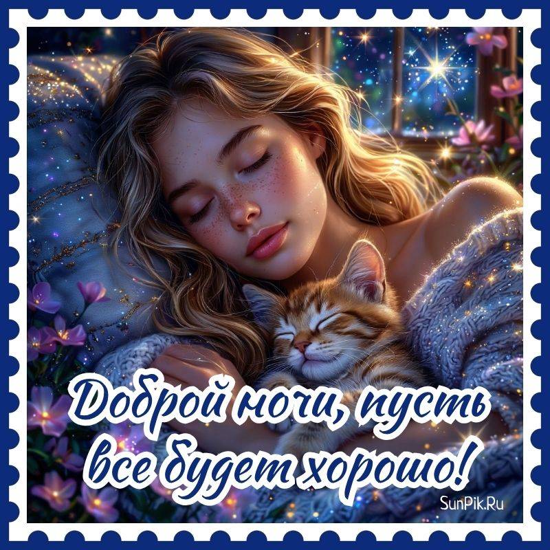 Открытка «Доброй ночи»: Доброй ночи: Спящая девушка с котенком. Тэги: Спокойной ночи, любимая девушка, Спокойной ночи…