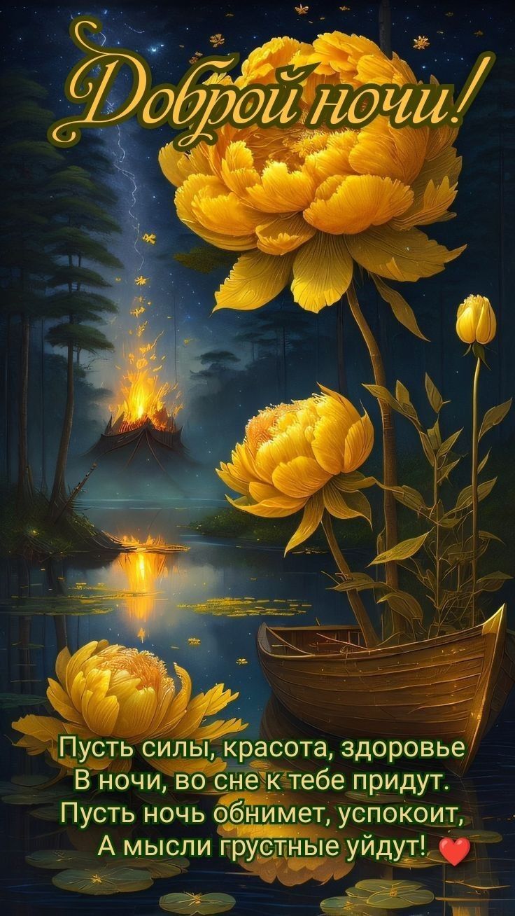 Открытка «Доброй ночи»: Доброй ночи: Волшебный цветок в лодке и пожелание.