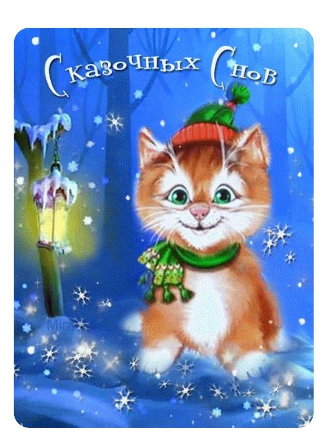 Открытка «Доброй ночи»: Доброй ночи: Милый рыжий котик в зимнем лесу. Тэги: Спокойной ночи, Спокойной ночи, с пожелан…