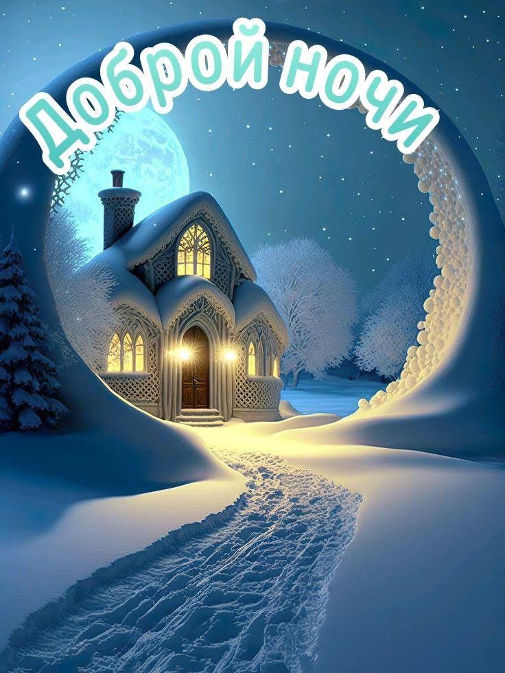 Открытка «Доброй ночи»: Доброй ночи: Сказочный зимний домик. Тэги: Спокойной ночи, Спокойной ночи, красивые, Спокойно…