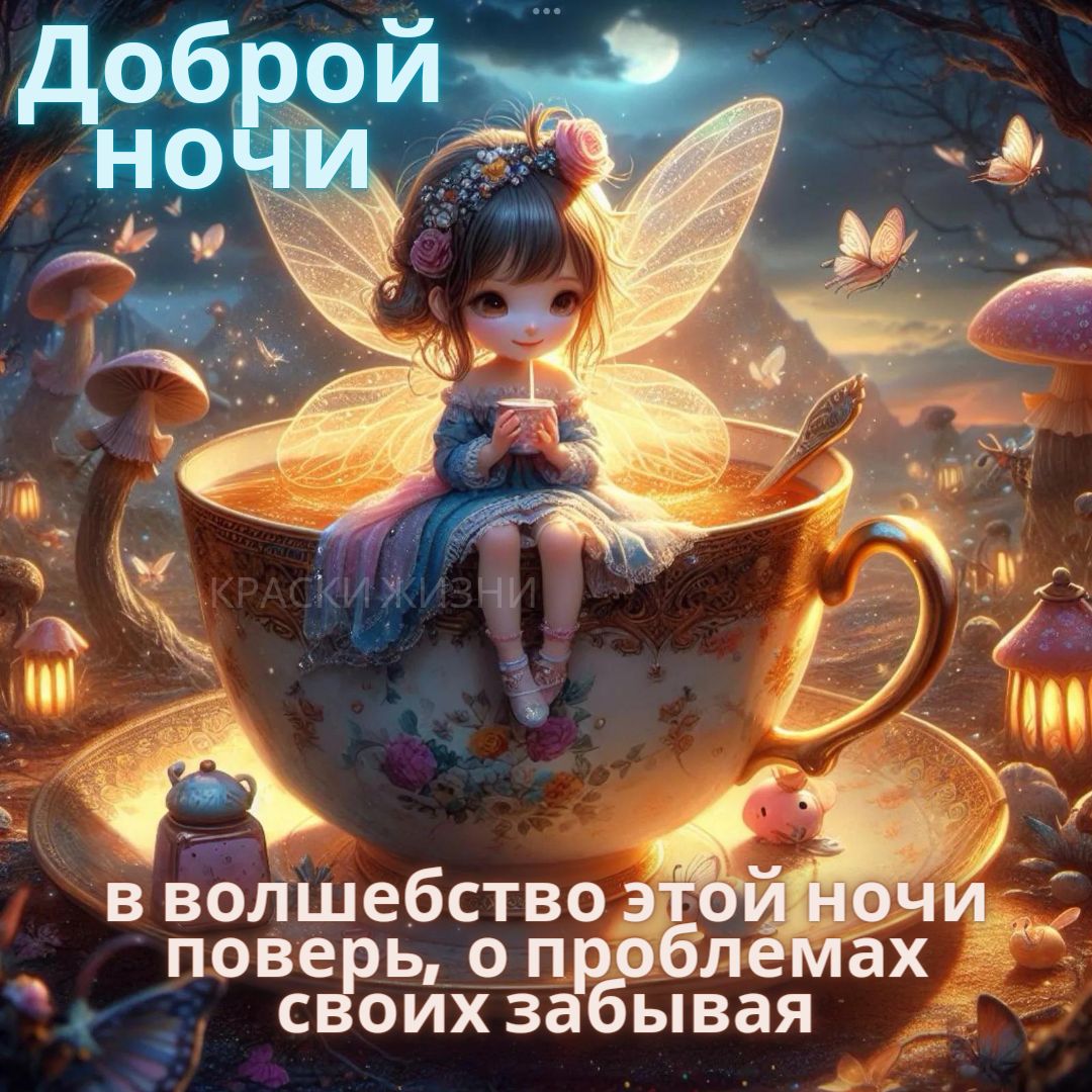 Открытка «Доброй ночи»: Спокойной и доброй ночи: волшебная фея в чашке чая. Тэги: Спокойной ночи, Спокойной ночи…