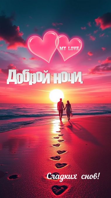Открытка «Доброй ночи»: Доброй ночи: романтичный закат на берегу моря. Тэги: Спокойной ночи, Спокойной ночи, с пожела…