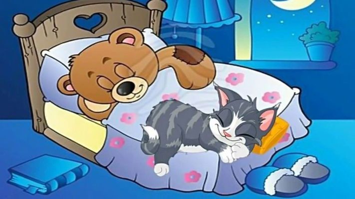 Открытка «Доброй ночи»: Спокойной ночи: Медвежонок и котенок в кроватке. Тэги: Спокойной ночи, Спокойной ночи, с поже…