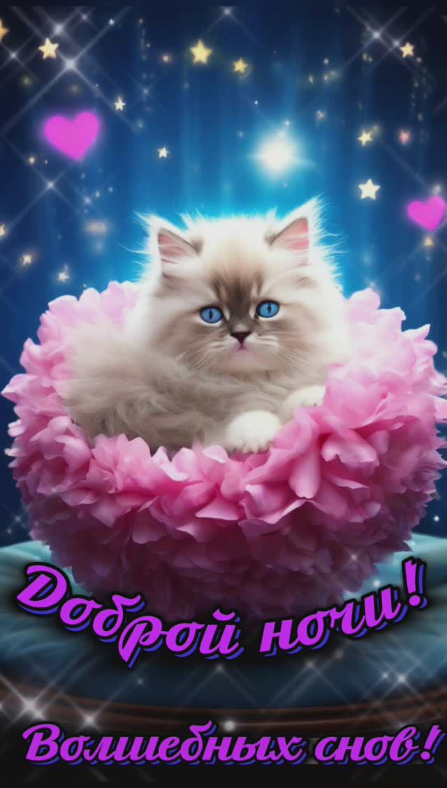 Открытка «Доброй ночи»: Доброй ночи: «Милый котенок в цветах». Тэги: Спокойной ночи, Спокойной ночи, с пожеланиями…