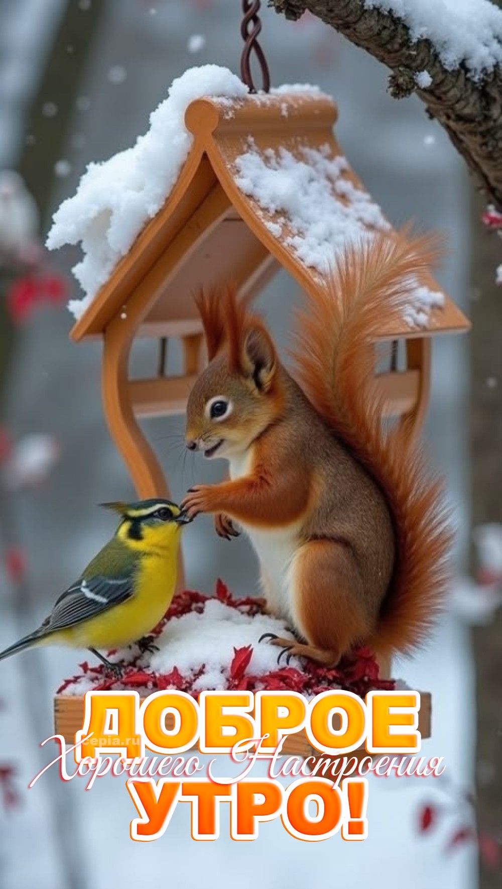 Открытка «С добрым утром»: С добрым утром: белка и синица в зимней кормушке. Тэги: С добрым зимним утром, С добрым ут…
