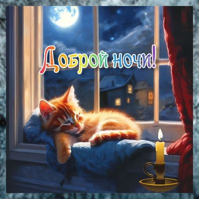 Открытка «Доброй ночи»: Доброй ночи: милый рыжий кот на подоконнике. Тэги: Спокойной ночи, Спокойной ночи, с пожелани…