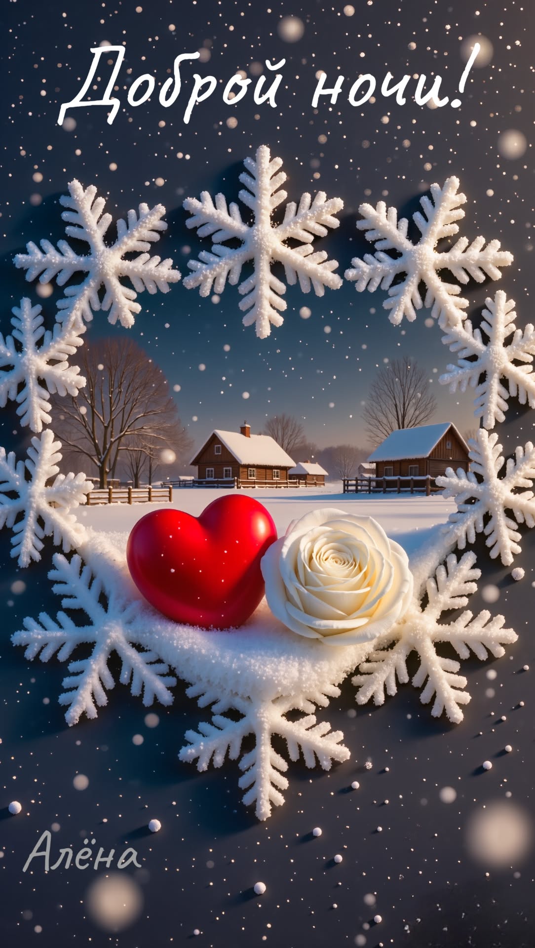 Открытка «Доброй ночи»: Доброй ночи: зимняя открытка с сердцем и розoй. Тэги: Спокойной ночи, Спокойной ночи, красивые…