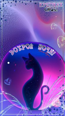 Открытка «Доброй ночи»: Доброй ночи: «Звездный силуэт кота» и крепкие сны. Тэги: Спокойной ночи, Спокойной ночи…