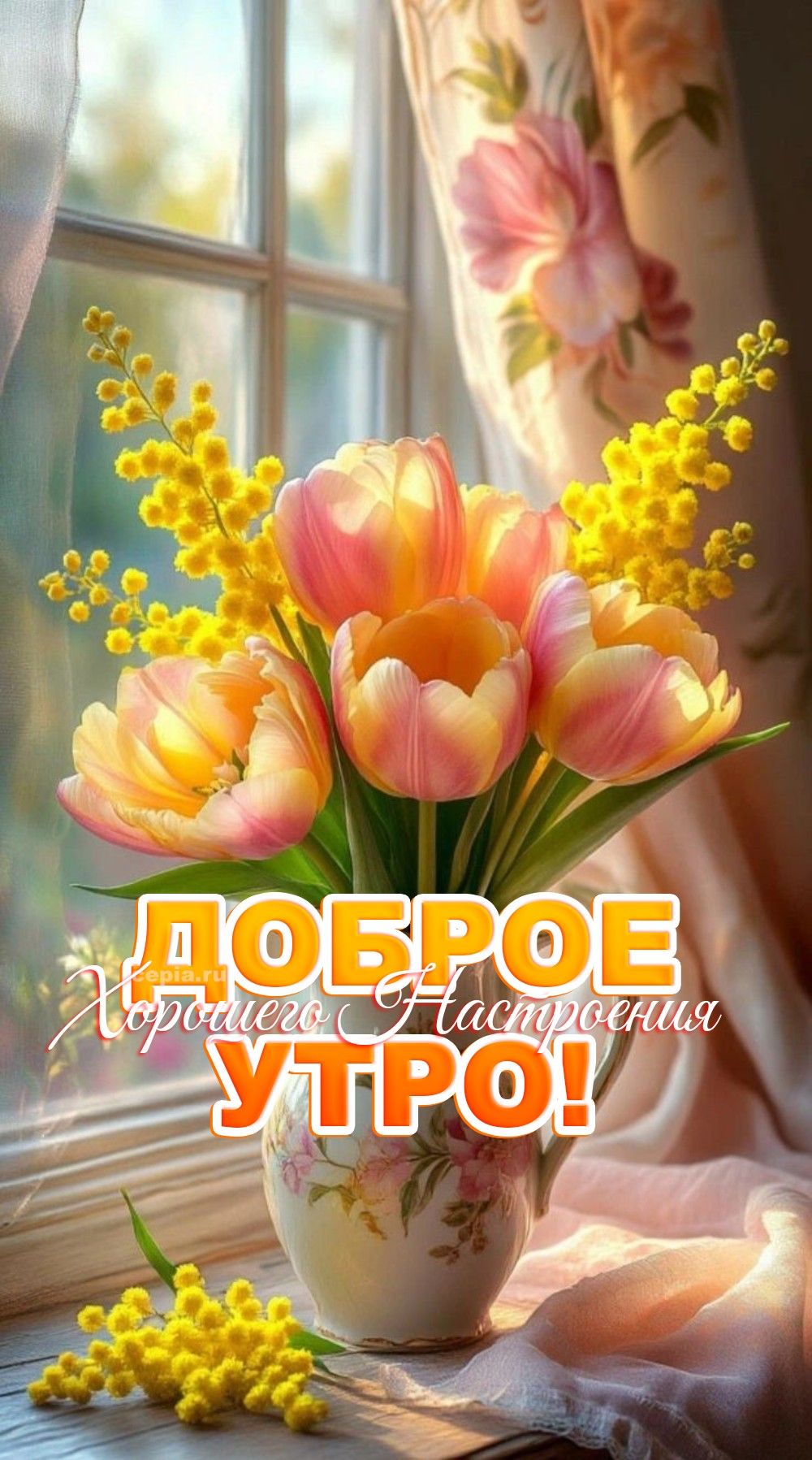 Открытка «С добрым утром»: С добрым утром: весенний букет тюльпанов и мимозы. Тэги: С добрым весенним утром, С добрым…