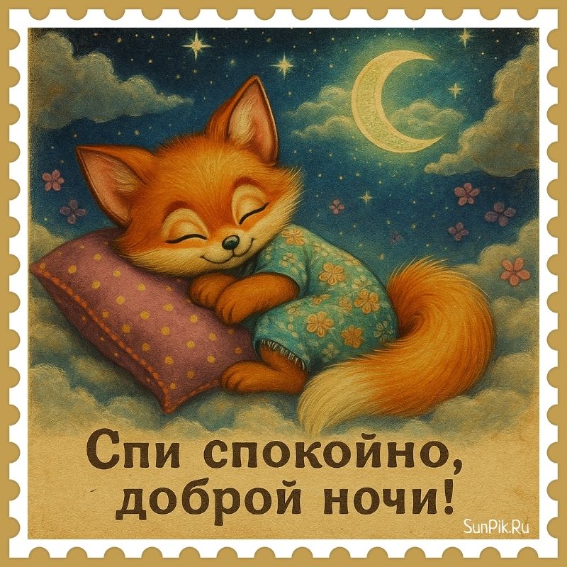 Открытка «Доброй ночи»: Доброй ночи: милый лисенок на подушке. Тэги: Спокойной ночи, Доброй и спокойной ночи, Спокойн…