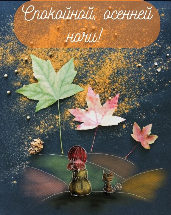 Открытка «Доброй ночи»: Спокойной осенней ночи: девочка и кот под листьями. Тэги: Спокойной ночи, Спокойной ночи…