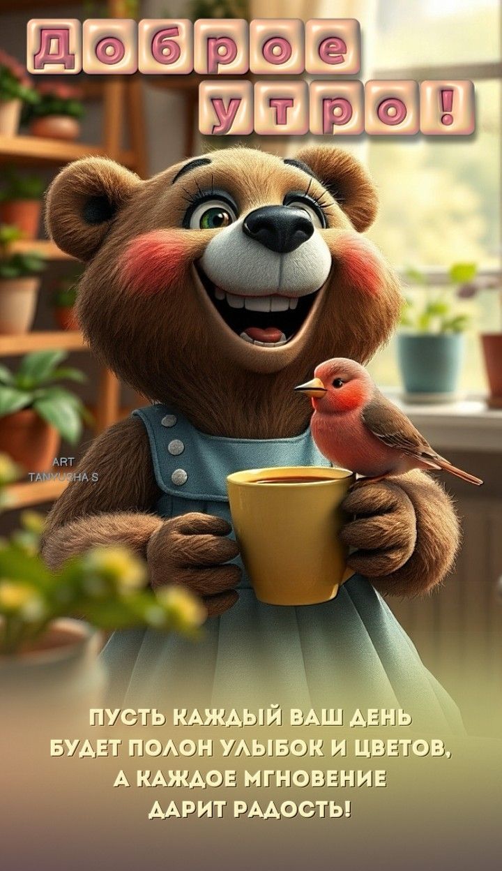 Открытка «С добрым утром»: Доброе утро! Пусть день будет полон улыбок и радости!. Тэги: животное, пожелание, улыбка…