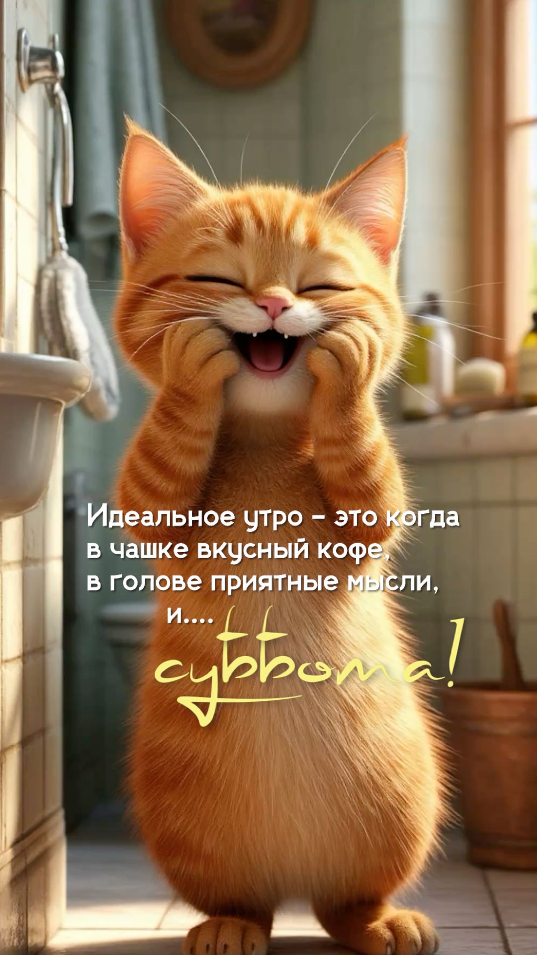 Открытка «С добрым утром»: Идеальное субботнее утро с улыбкой кота!. Тэги: кот, животное, пожелание, позитивная…
