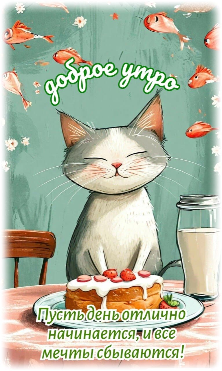 Открытка «С добрым утром»: Доброе утро! Сладкий кот и волшебные мечты. Тэги: хорошего дня, кот, животное, пожелание…